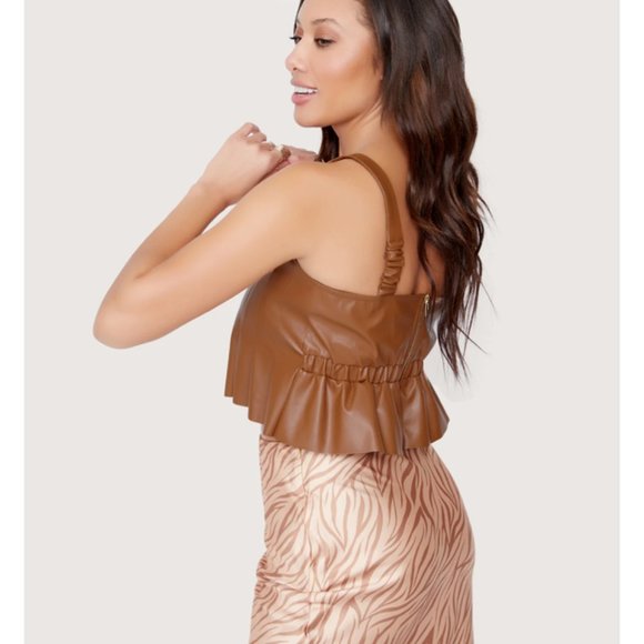 Brown Faux Leather Set the Scene Pleated Crop Tank Top - Picture 3 of 16